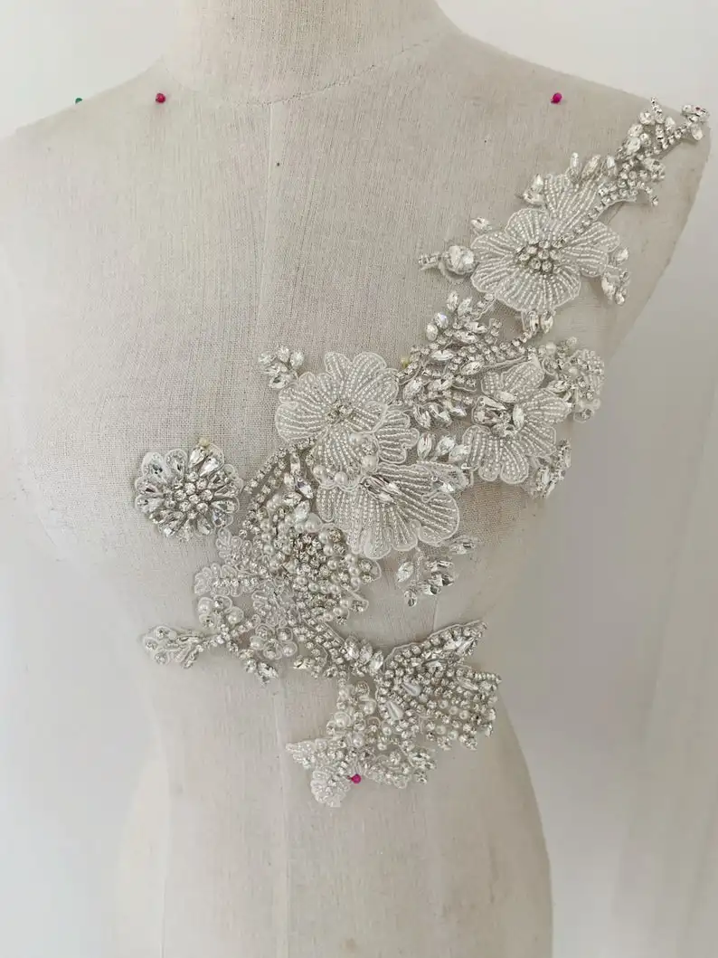 

1 Pair Silver Rhinestone Applique,Heavy Bead Crafted Rhinestone Applique For Bridal For Couture, Dance Costume