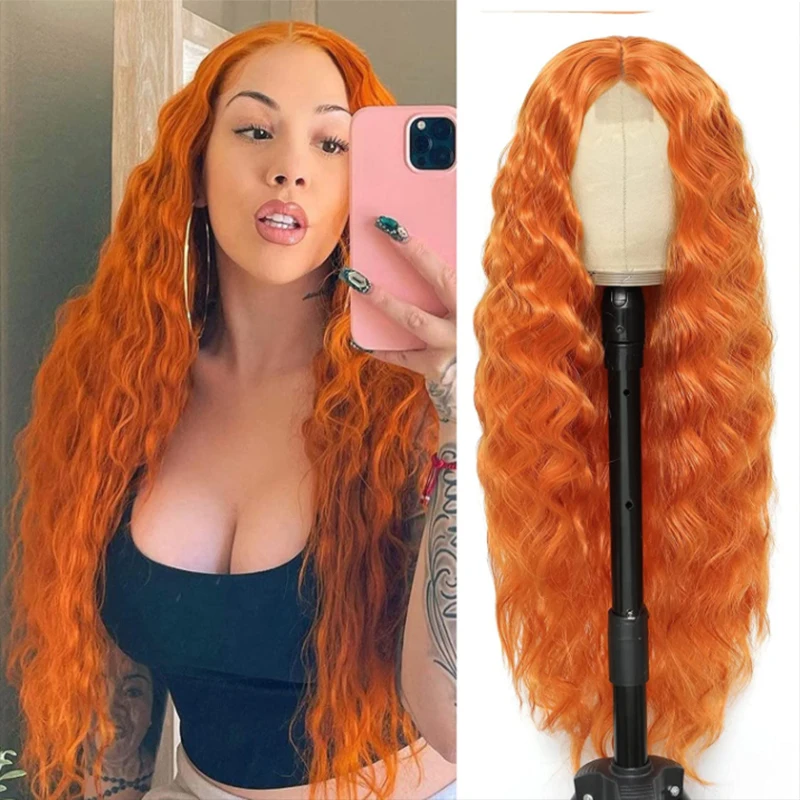 

Curly Lace Front Wigs Deep Wave Orange Middle Part Heat Resistant Fiber Hair Lace Wigs for Women High Density Party Wig