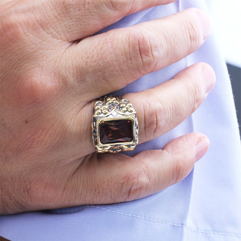 

Handmade Rectangular Sultanite Man Silver Ring,18K Gold Plated Sultanite Silver Men Ring