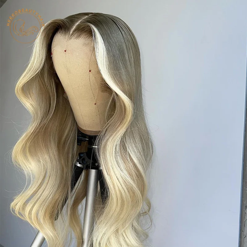 Парик Платиновый светлый с эффектом омбре фронтальные волнистые волосы 13 х4