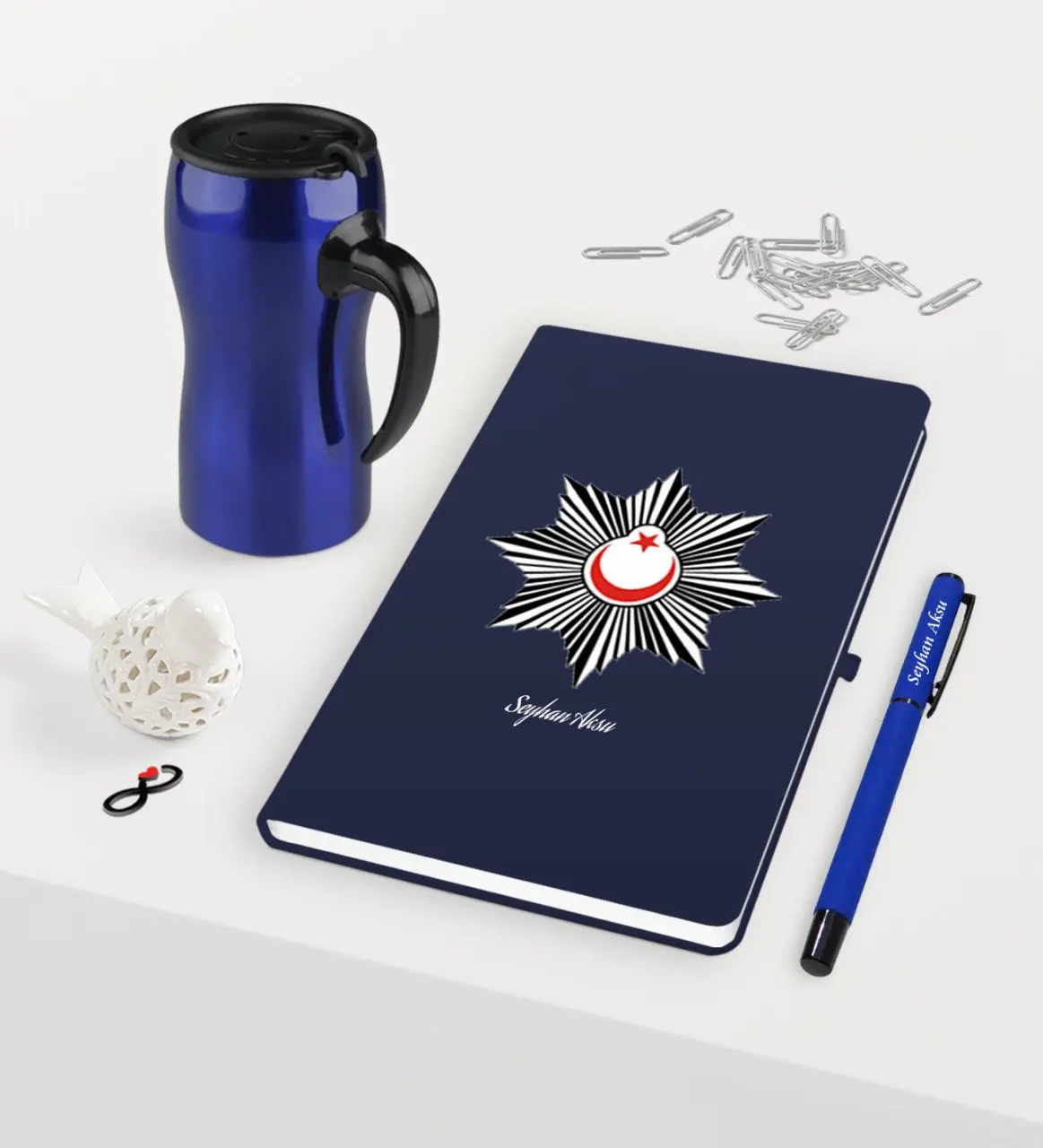 

Personalized Cop Themed Navy Blue Notebook Pen Thermos Mug Set-1 Reliable Modern Simple Gift Special Design Good Quality Surprise