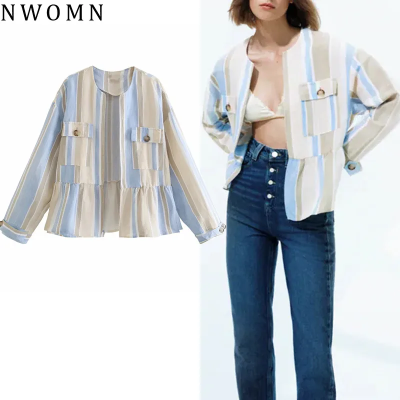 

NWOMN Za 2021 Women Jacket Blue Striped Jacket Woman Long Sleeve Open Summer Jacket Pockets Button Cropped Jackets Outerwear