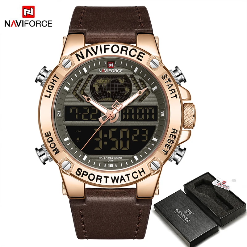 RGBDBN BOX NAVIFORCE, роскошные золотые мужские часы, спортивные, светодиодный, цифровые, кварцевые часы, военные, кожа, водонепроницаемые часы для мужчин, Relogio Masculino - Цвет: RGBDBN BOX