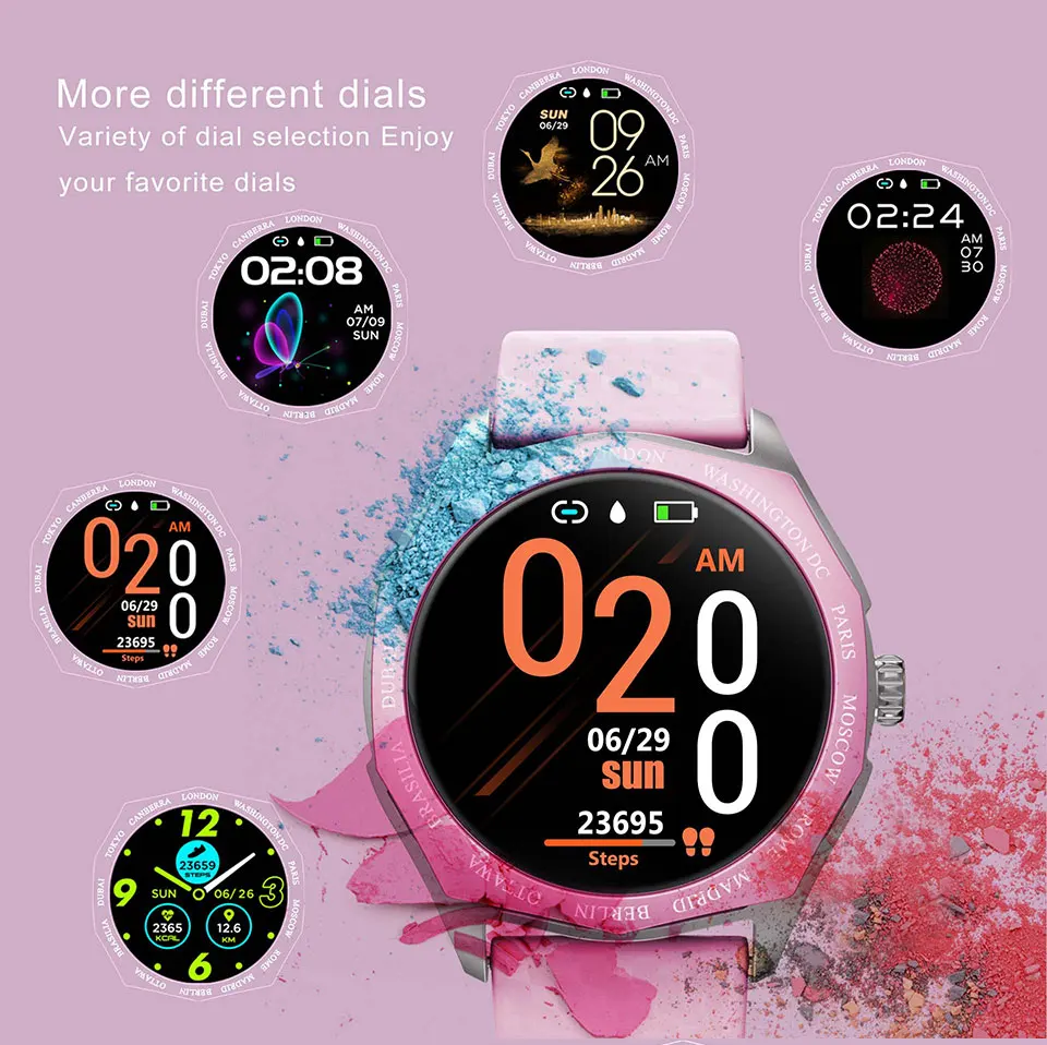 ELFTEAR V18 Смарт-часы для женщин Полный Круглый сенсорный экран леди Smartwatch изменение цвета ремешок мониторинг сердечного ритма для Apple Watch