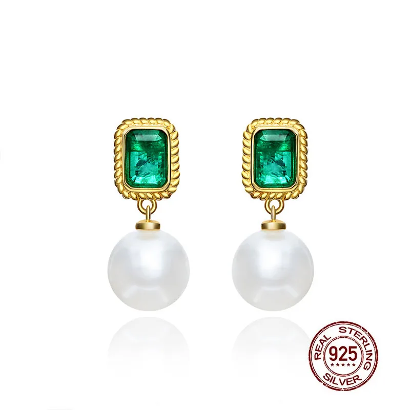 

10mm Pearl Drop Earrings for Women Emerald Gemstone Pendant Earring Luxury 925 Sterling Silver Earring Vintage Jewelry Gift