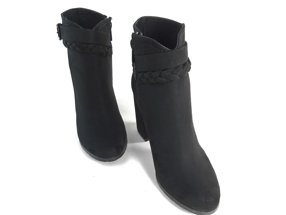 

Autumn Winter Woman Black Suede Heeled Boots Belt Knitting Pattern Detail Round Snout