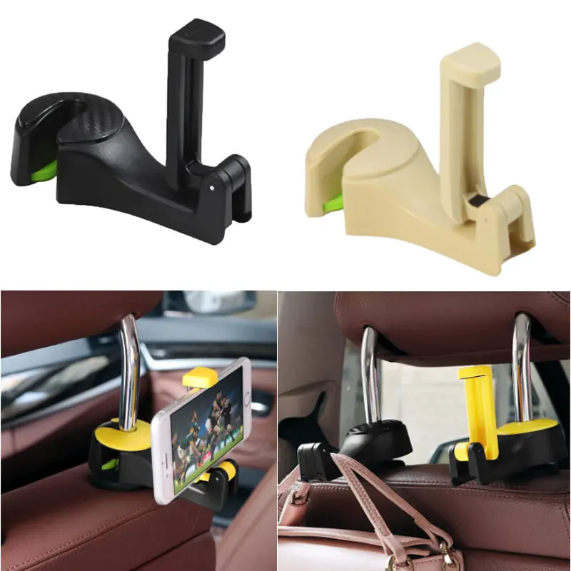 

2 in 1 Car Headrest Hook with Phone Holder Seat Back 5KG Hanger for Bag Handbag Purse Grocery Cloth Portable Multifunction Clips