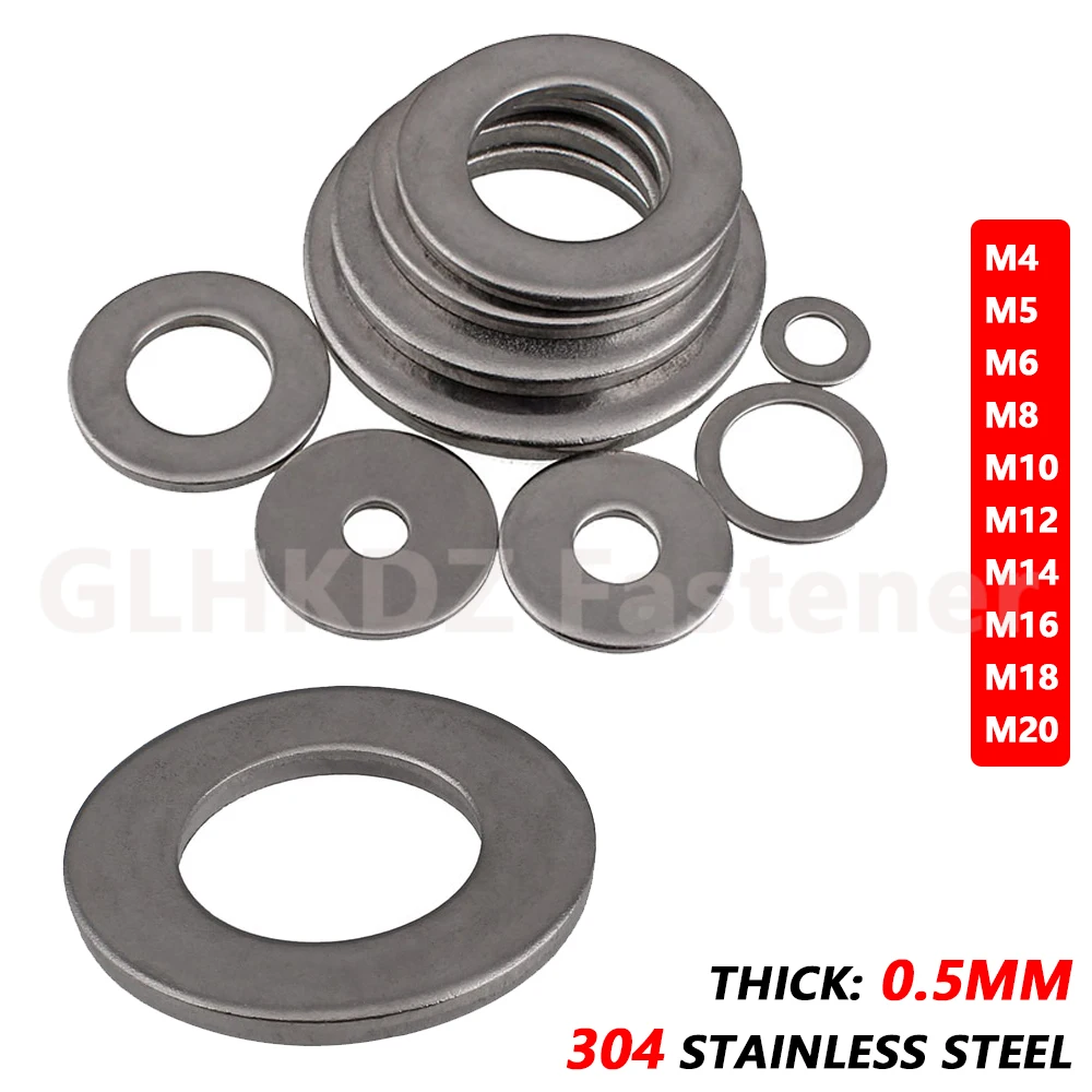 

5-100X Thick 0.5mm Flat Plain Washers Gasket Pad Meson 304 A2 Stainless Steel for M4 M5 M6 M8 M10 M12 M14 M16 M18 M20 Screw Bolt