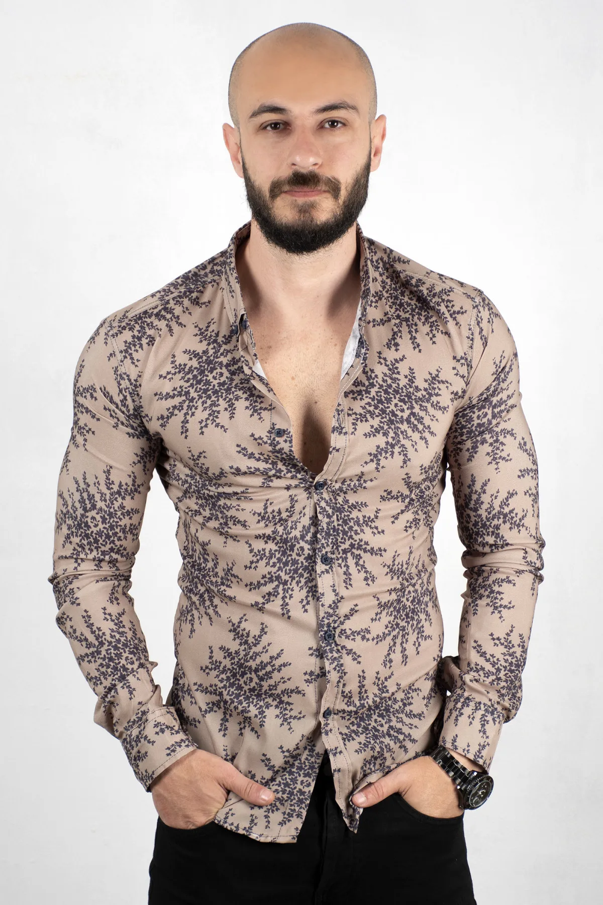 

DeepSEA Lycra With Leaf Pattern Narrow Cut Shirt 2001804