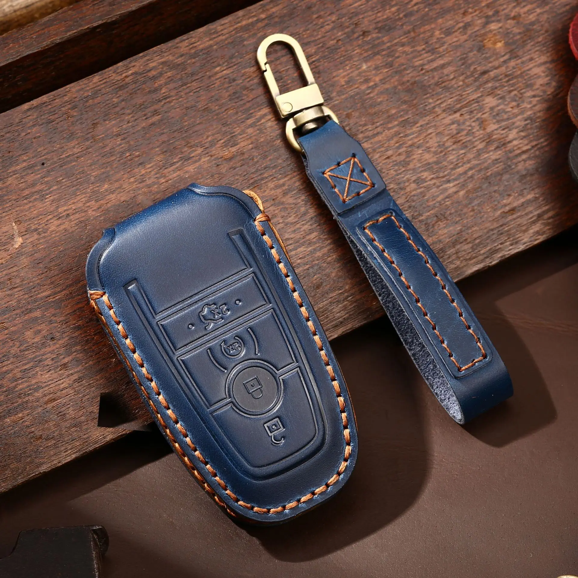 Leather Remote Control Key Fob Case Cover Chain For Ford Fusion F150 F250 F350 F450 F550 Explorer Escape Edge Mustang Raptor 