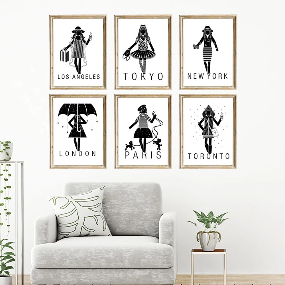 

Nordic Wall Art Canvas Painting New York Paris Women Poster Print Simplicity Fashion Black White Picture Modern Salon Decor