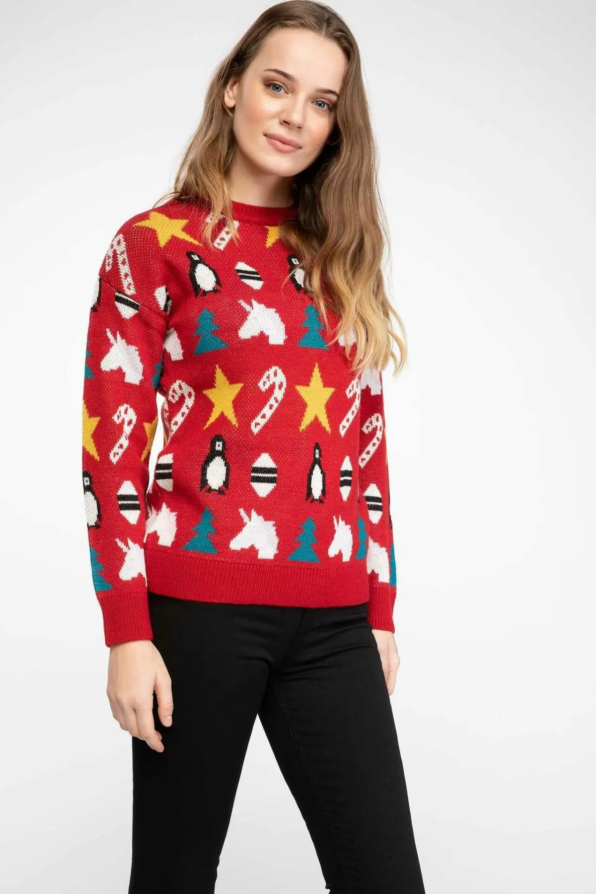 DeFacto женский зимний красный вязаный пуловер женские Рождественские елки принт