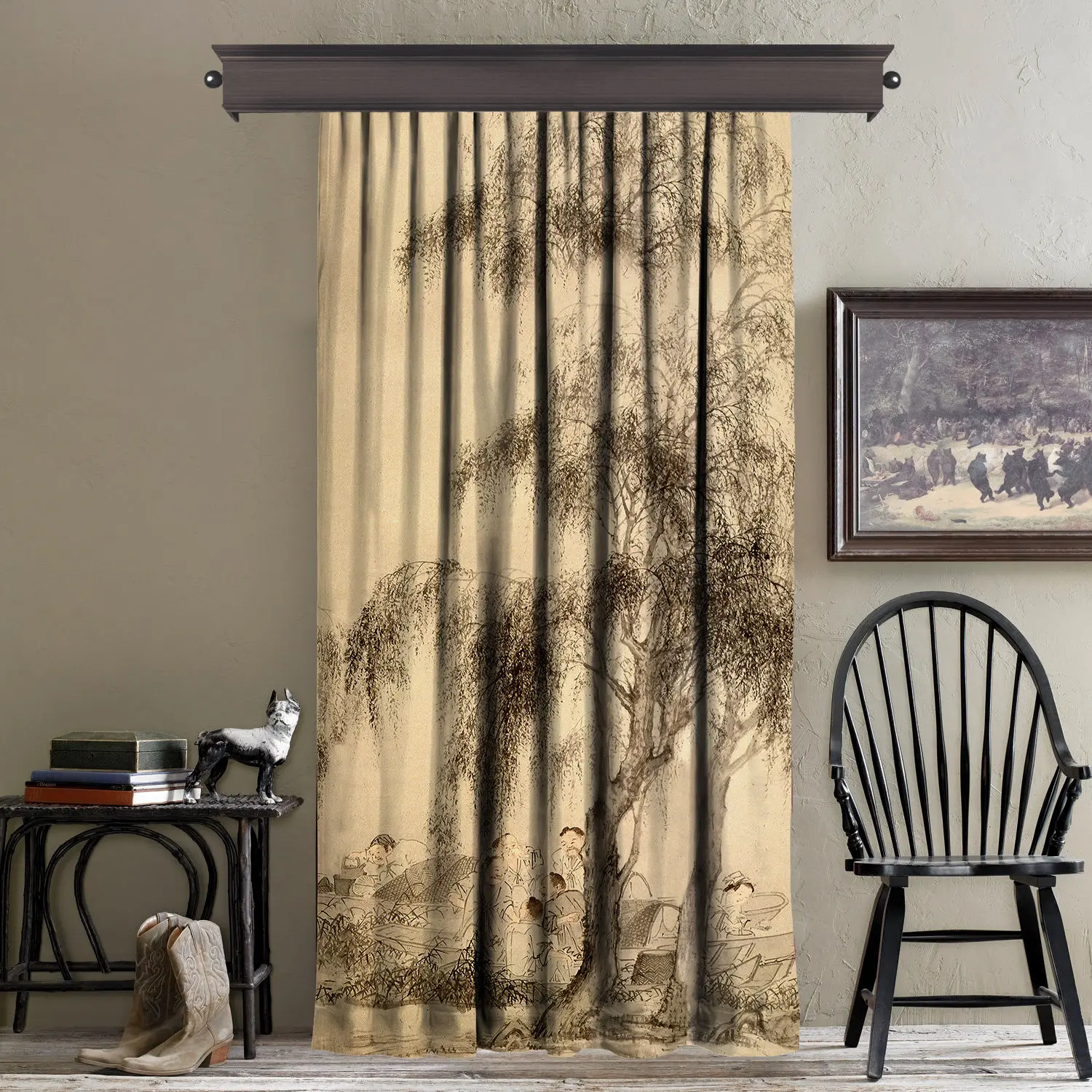 

Cipcici a Playing The Qin Under The Pines2 Curtain Unisex Kids Living Room Decorative Child Cream Ethnic Woman Plain Japanese