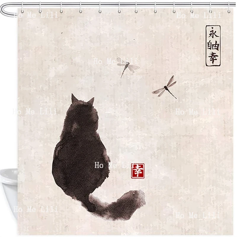 

Asian Style Traditional Japanese Ink Painting Shower Curtain Black Fluffy Cat Watching Over Dragonflies On Vintage