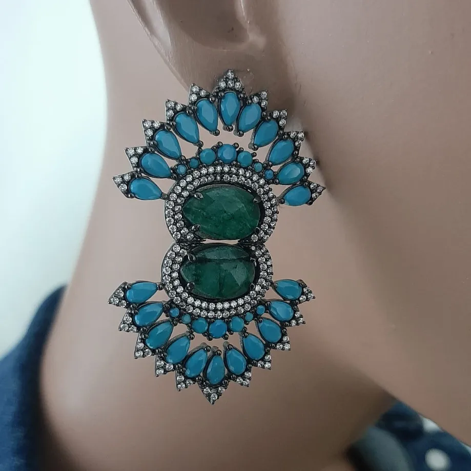 

925 Sterling Silver Green and Blue Stone Statement Long Big Boho Cute Dangle Stud Earrings серьги с камнями 925