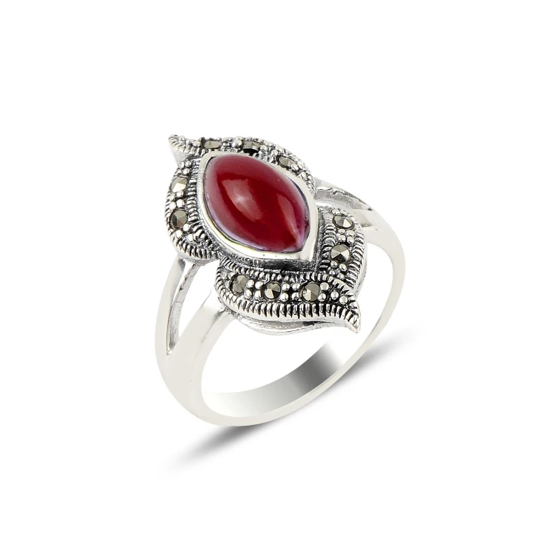 

Silver 925 Sterling Red Agate & Marcasite Ring