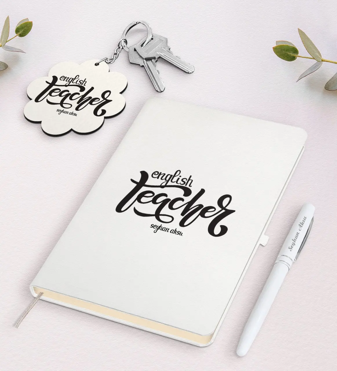 

Personalized English Teacher White Notebook Pen And Keychain Gift Seti-15