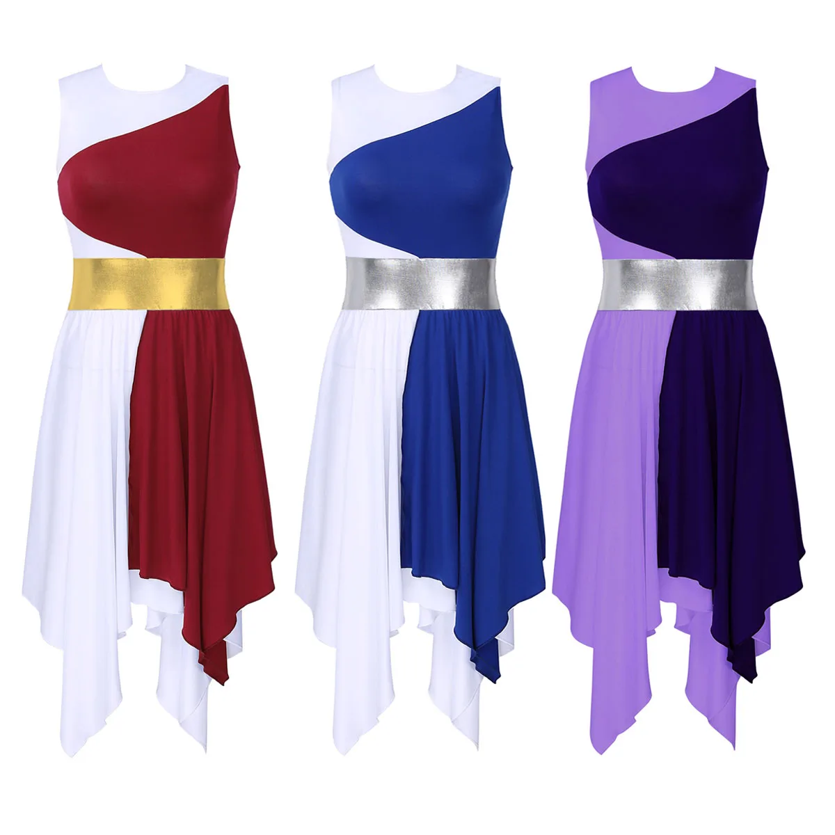 Women Sleeveless Color Block Asymmetrical Hem Gymnastics Leotards Ballet Figure Skating Dress Contemporary Lyrical Dance Costume |
