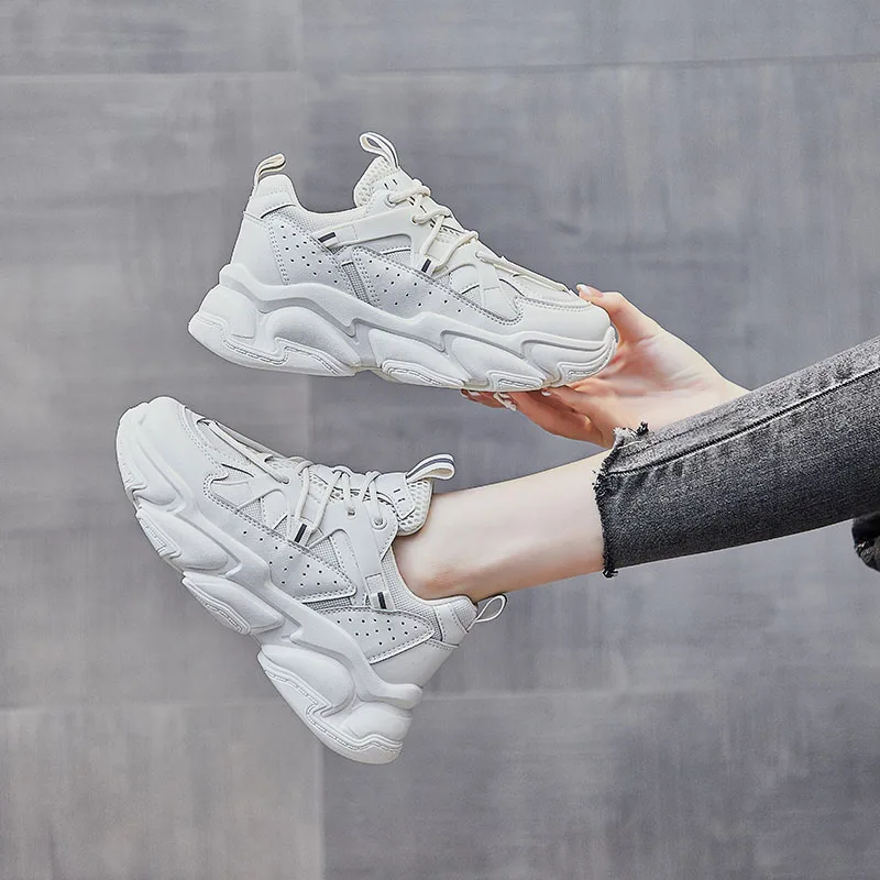 

WDZKN Fashion Summer Women Air Mesh Sneakers Lace Up Breathable Chunky Daddy Shoes Casual Platform Vulcanized Shoes Black White