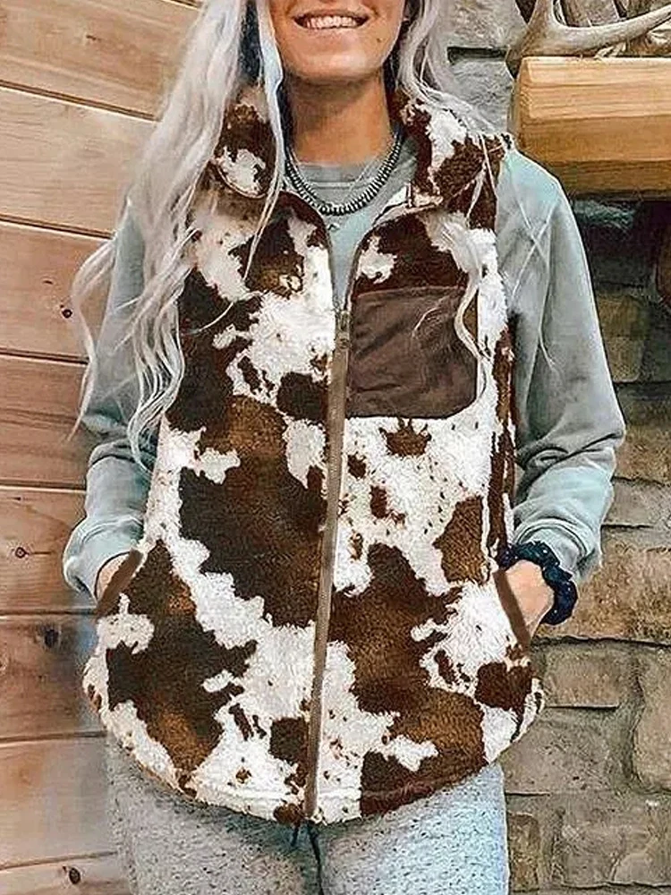 

Milk Print Plush Sleeveless Jacket Tops Women's Vest Fashion Casual Thicken Warm Double Sided Fleece Vests Coat