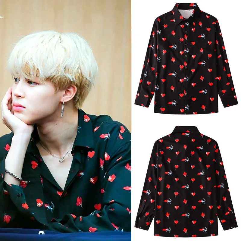 JIMIN-camisa negra con estampado de corazón y flores para hombre y mujer, Tops de manga larga con solapa estilo Bangtan, ropa Coreana de gran tamaño, 2022