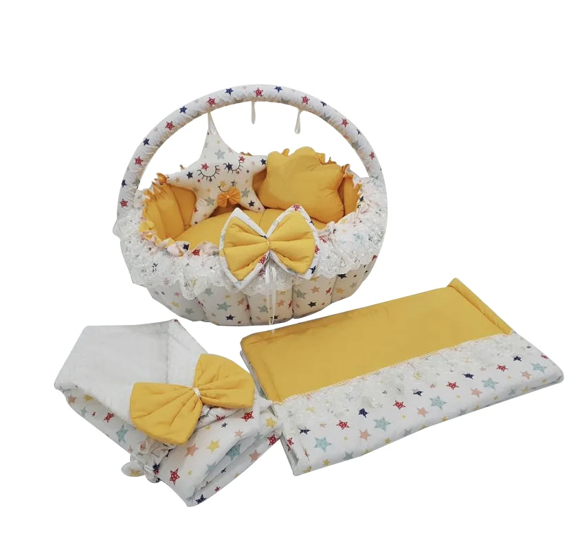 Jaju Baby Handmade Yellow and Mixed Color Star Design Luxury Play Mat Babynest 6 Piece Set Portable Baby Bedding Set Mother Side