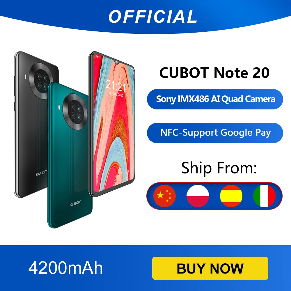  Cubot Note 20 Rear Quad Camera Smartphone NFC 6.5 Inch 4200mAh Google Android 10 Dual SIM Card Telephone 4G LTE 3GB+64GB celular 