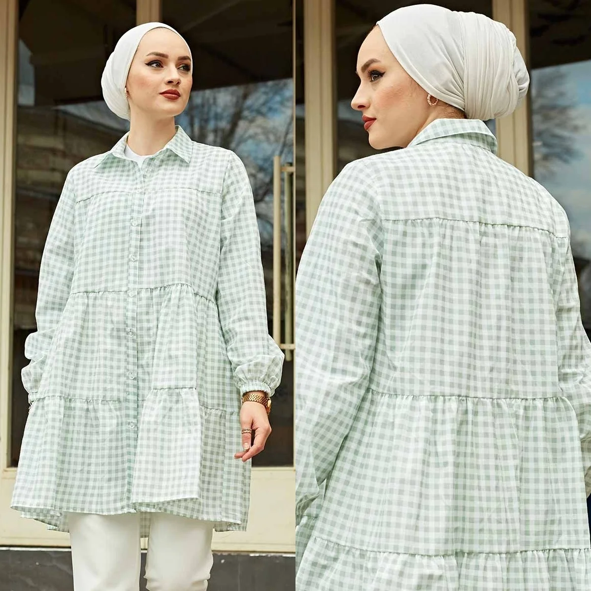 

2021 Spring Women Plaid Loose Tops Casual Muslim Fashion Vintage Blouse Long Sleeve Shirt Cotton Plus Size Tunic Abaya Top Femme