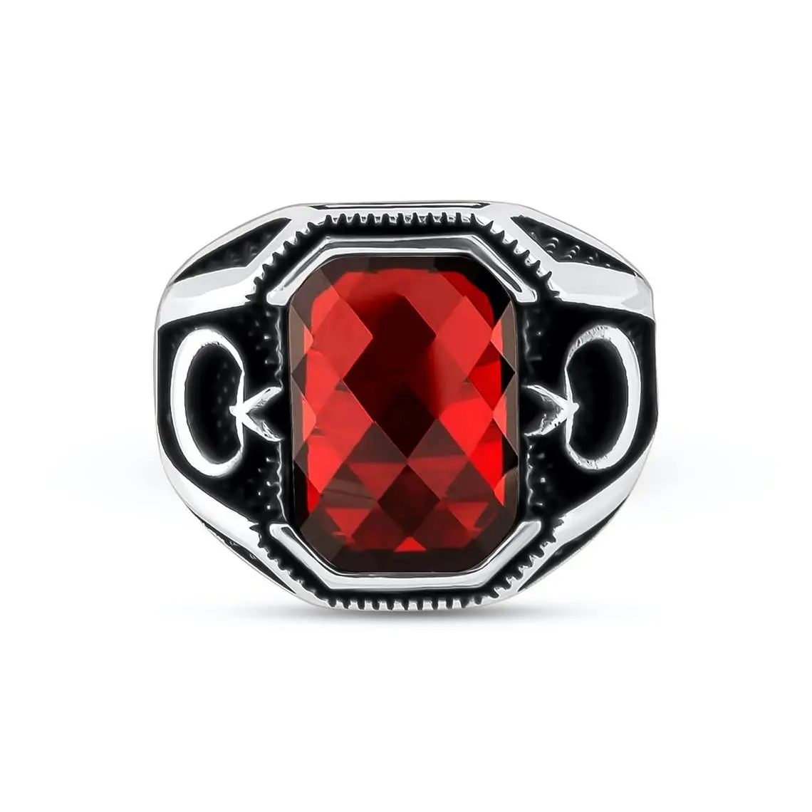 

Silver Oval Faceted Red Zircon Gemstone Ring, Turkish Men Jewelry, Moon Star Motif Ring 925 Sterling Silver Collocation Fashion
