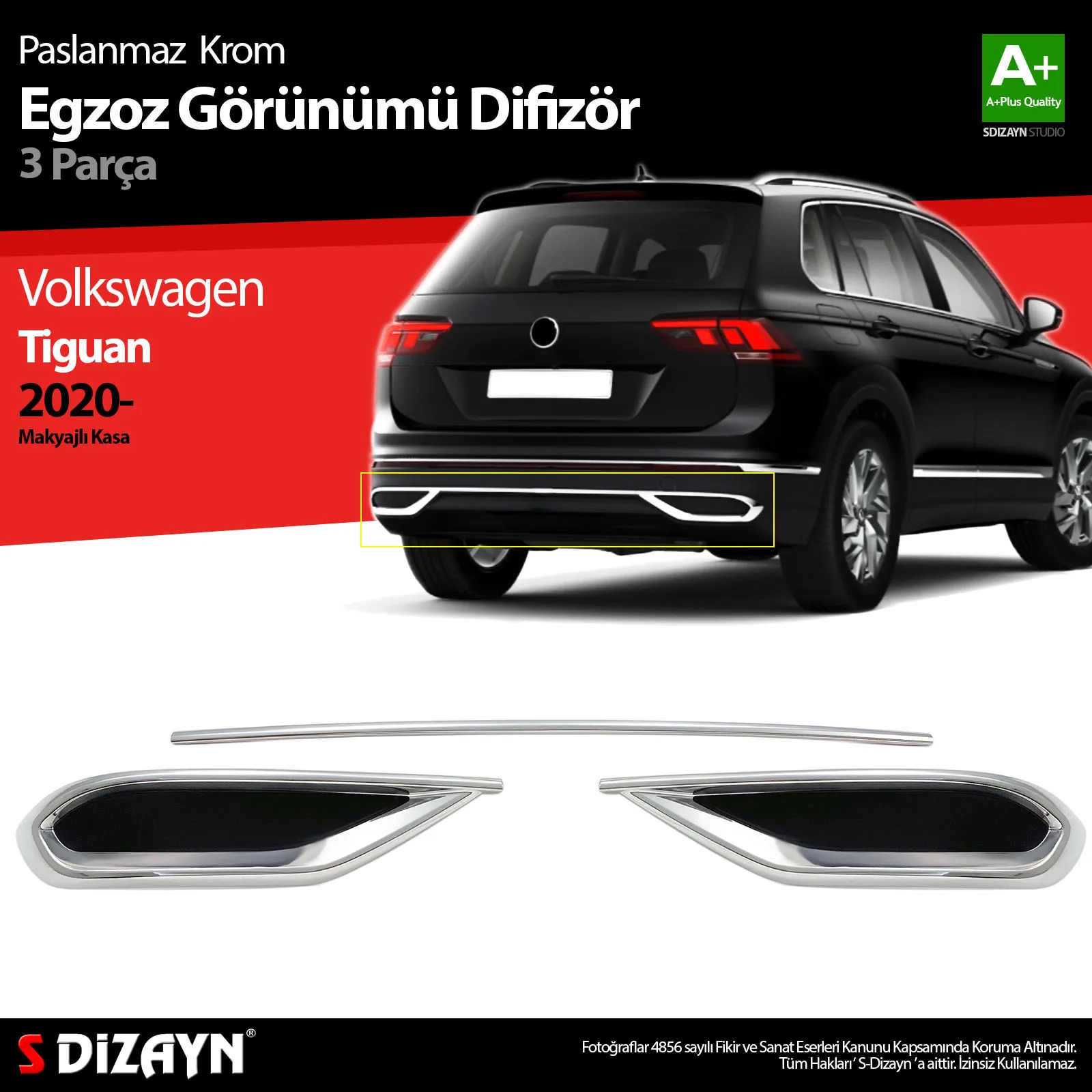 Хромированный рассеиватель выхлопных газов Volkswagen Tiguan 2 из нержавеющей стали 3 шт.