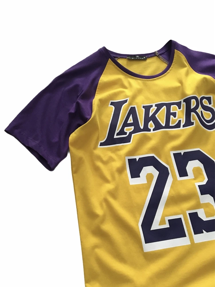 

%100 Cotton Fashion Men's Lakers T-Shirt Short Sleeve Crew Neck Printed Basketball Yellow Purple