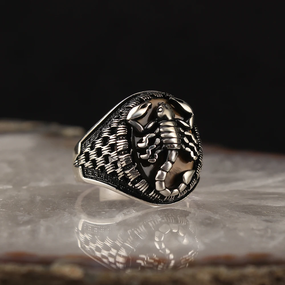 

925 Sterling Silver Rings for Men Handmade Crab Motif Agate Onyx Tiger Eye Stone Vintage Gift Mens Rings All SizeTurkish Jewelry