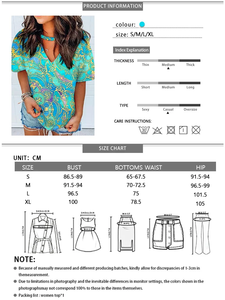 

V-Neck Cutout All Over Print T-Shirt Mandala Vintage Printed Tee Casual Short Sleeve Loose Casual Tee Shirt Femme Tee Top