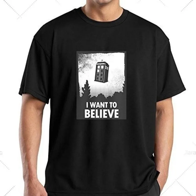 

Selling The New Tardis box i want to believe poster for men T shirt Men Cotton Short Sleeve T-Shirt Fashion