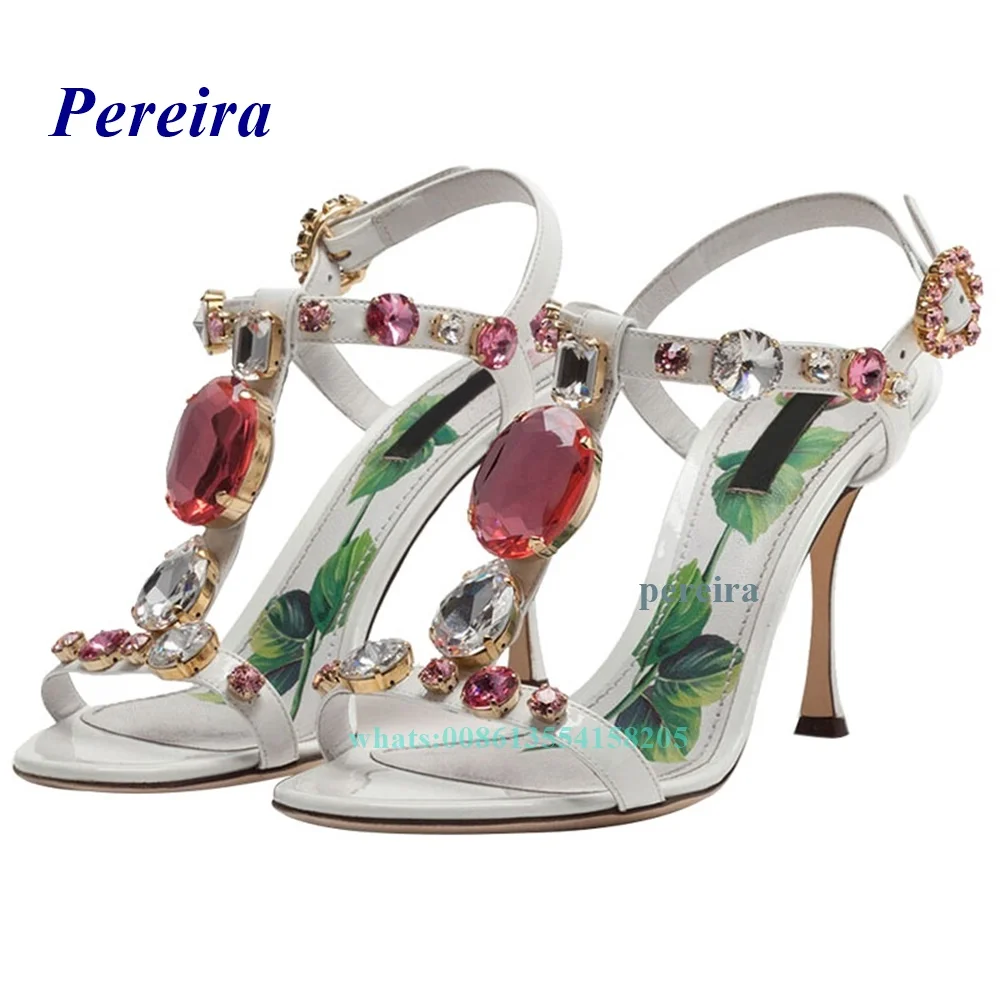 2022 New Gemstone Printing High Heels Open Toe Rhinestone Sandals Buckle Strap Thin Heel Summer Womens Shoes White Plus Size