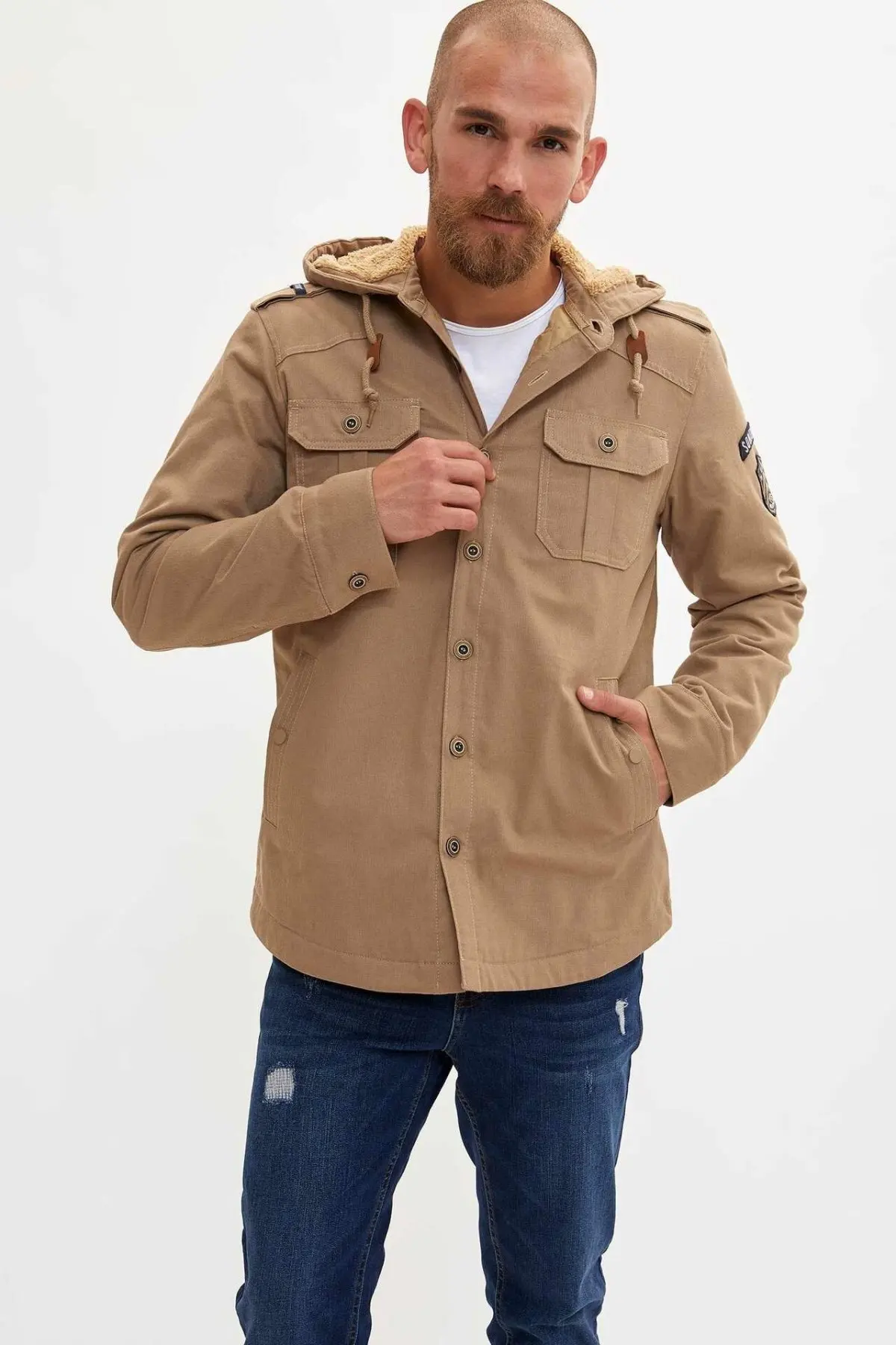 DeFacto модная Мужская бархатная рубашка с капюшоном повседневные однобортные