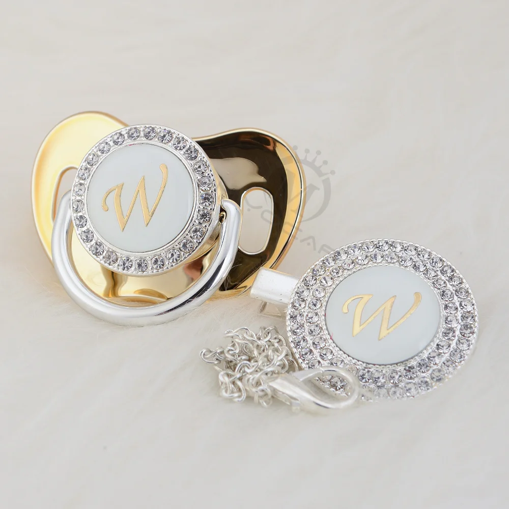

MIYOCAR name Initial letter W elegant silver bling pacifier and pacifier clip BPA free dummy bling babyshower gift SGS pass LW-1
