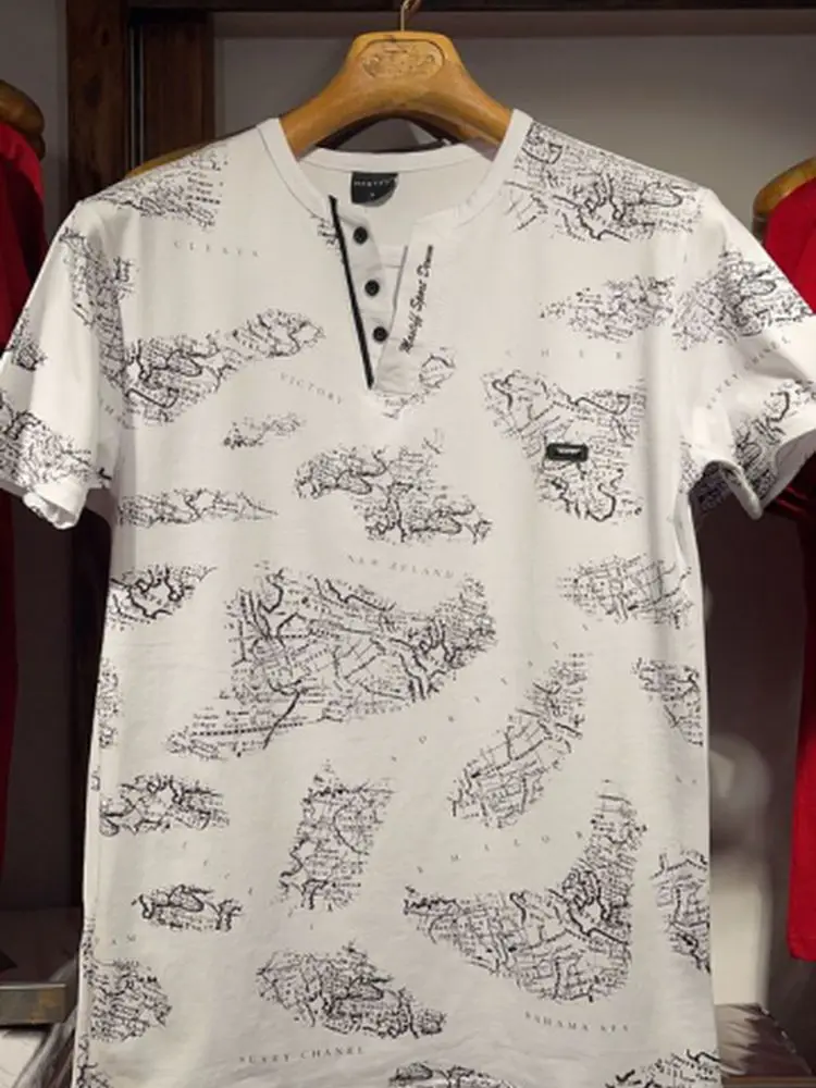 

Collar Stripe, Button On White Black Printed-MEN 'S T-SHIRT