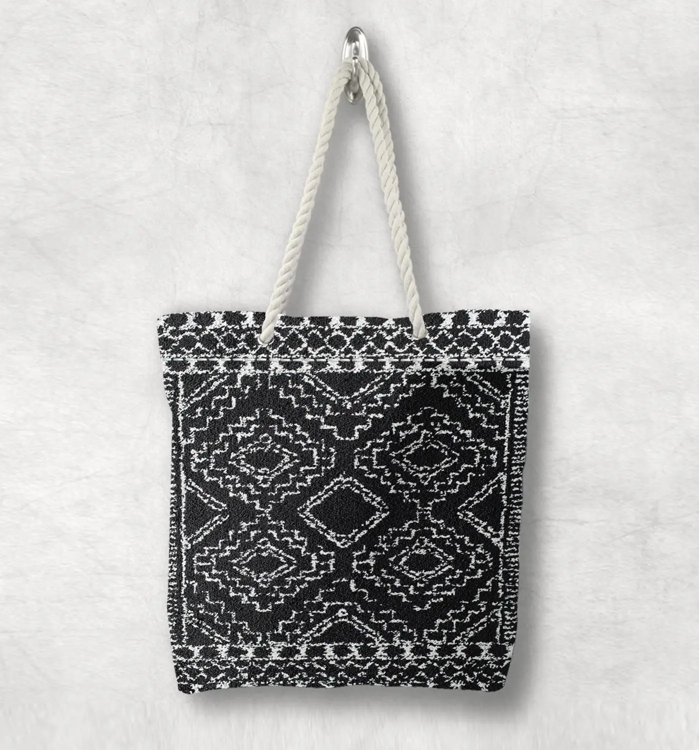 

Else Black White Antique Anatolia Turkish Kilim Design White Rope Handle Canvas Bag Cotton Canvas Zippered Tote Bag Shoulder Bag