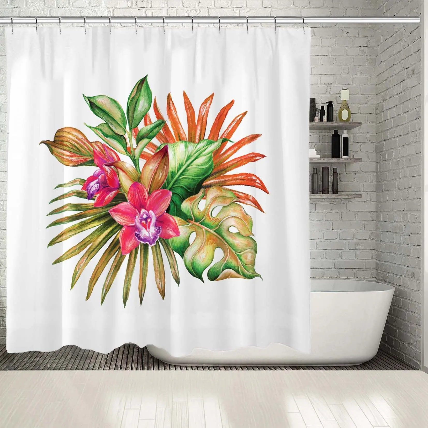 Занавеска для душа Тропический букет с большими листьями цветы орхидеи