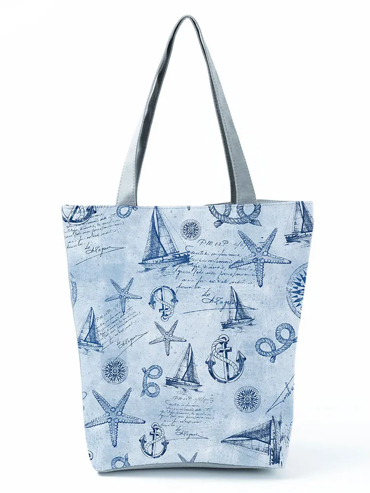 

Starfish Sailboat Printed Blue Bags for Women High Capacity Casual Portable Tote Female Simple Eco Friendly Shoulder Bag Ladies