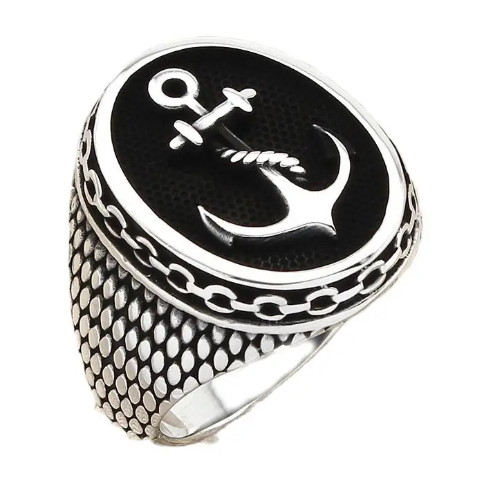 

Овальный якорь из стерлингового серебра с цепочкой, модель кольца ручной работы, ювелирные изделия, мужское кольцо, Сделано в Турции