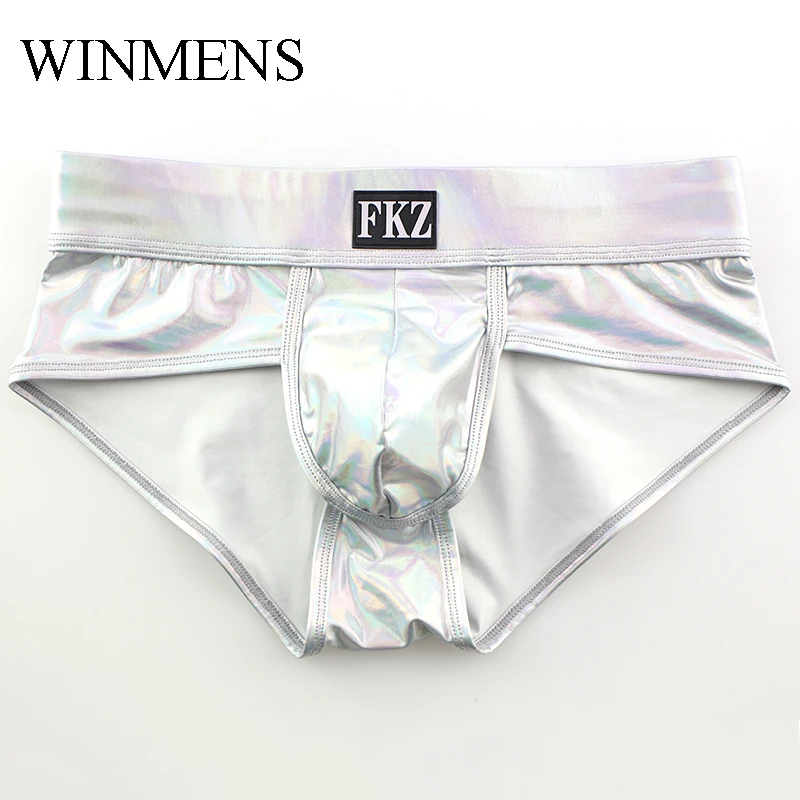 

Men's Mini Panties Candy Colors Solid Faux Leather Elastic Male Sexy Bulge Pouch Boxer Shorts Underwear
