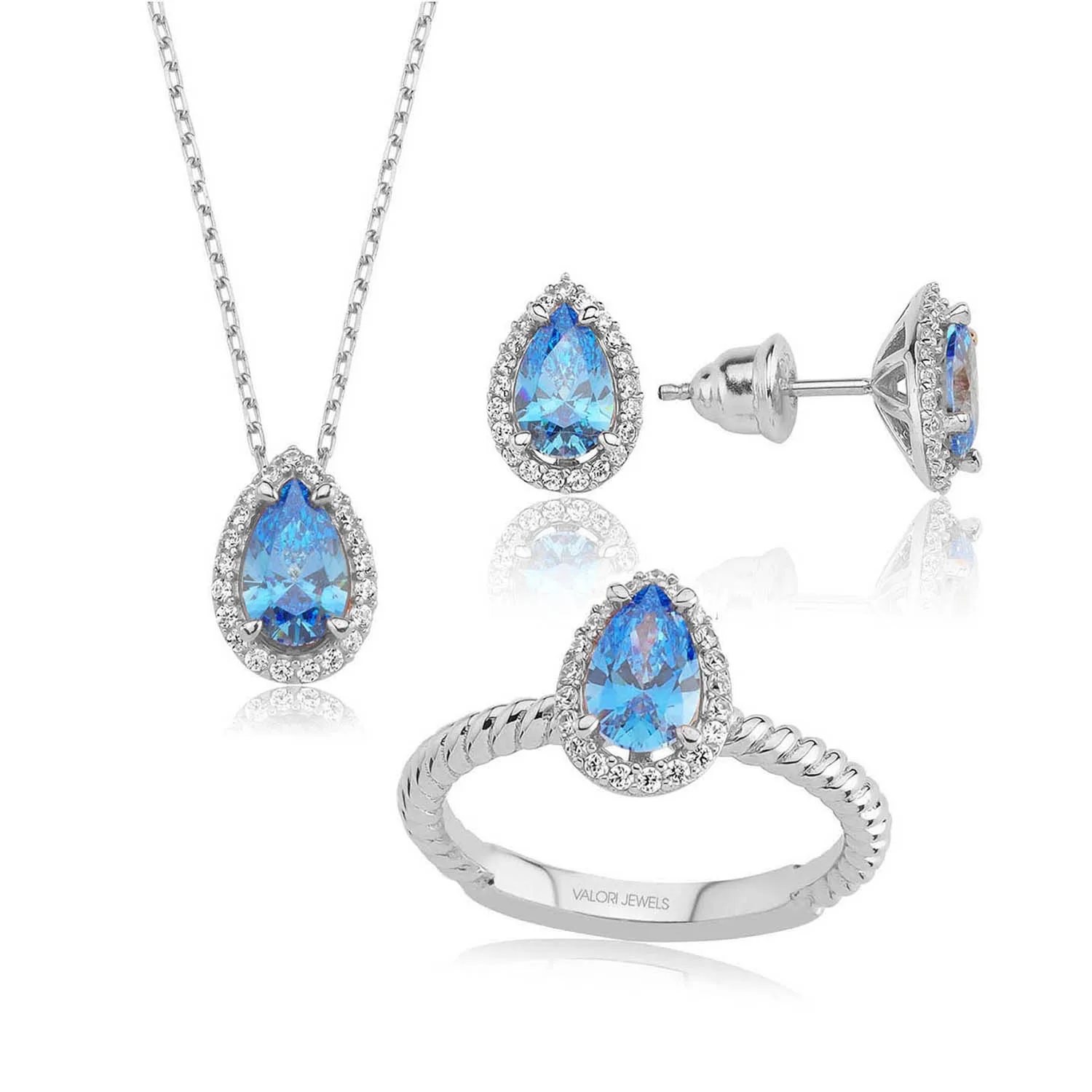 

Valori Jewels 3 Carat, Zirconia Fanc Blue And White Pear Gemstone, Rhodium Plated, Sterling Silver Trio Set