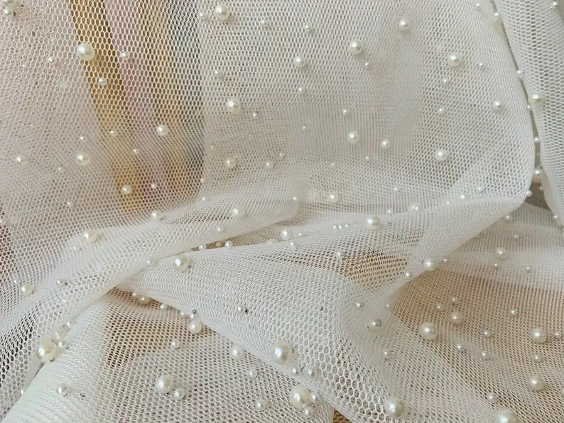 

1 yards Off White Mesh Fabric With Pink Pearls Pearl Bead Net Fabric For Couture 2021 New Arrival