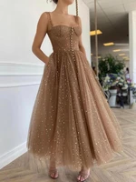 loverkiss sparkly coffee short prom dresses straps starry tulle buttoned a line evening dresses open back tea length formal gown