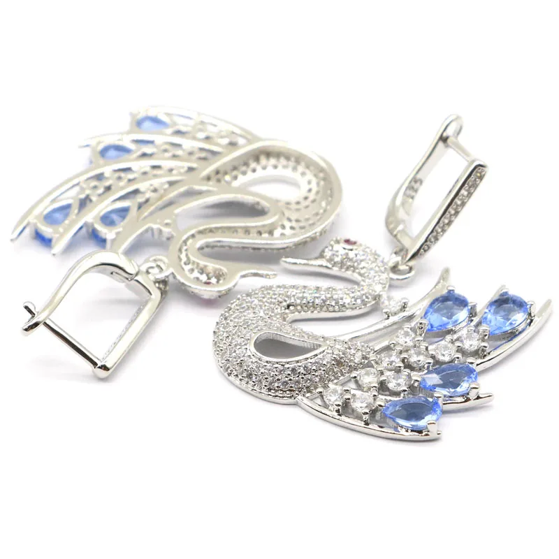 

38x32mm SheCrown Romantic Swan Shape Created Paris Blue Topaz White CZ Gift For Ladies Silver Earrings