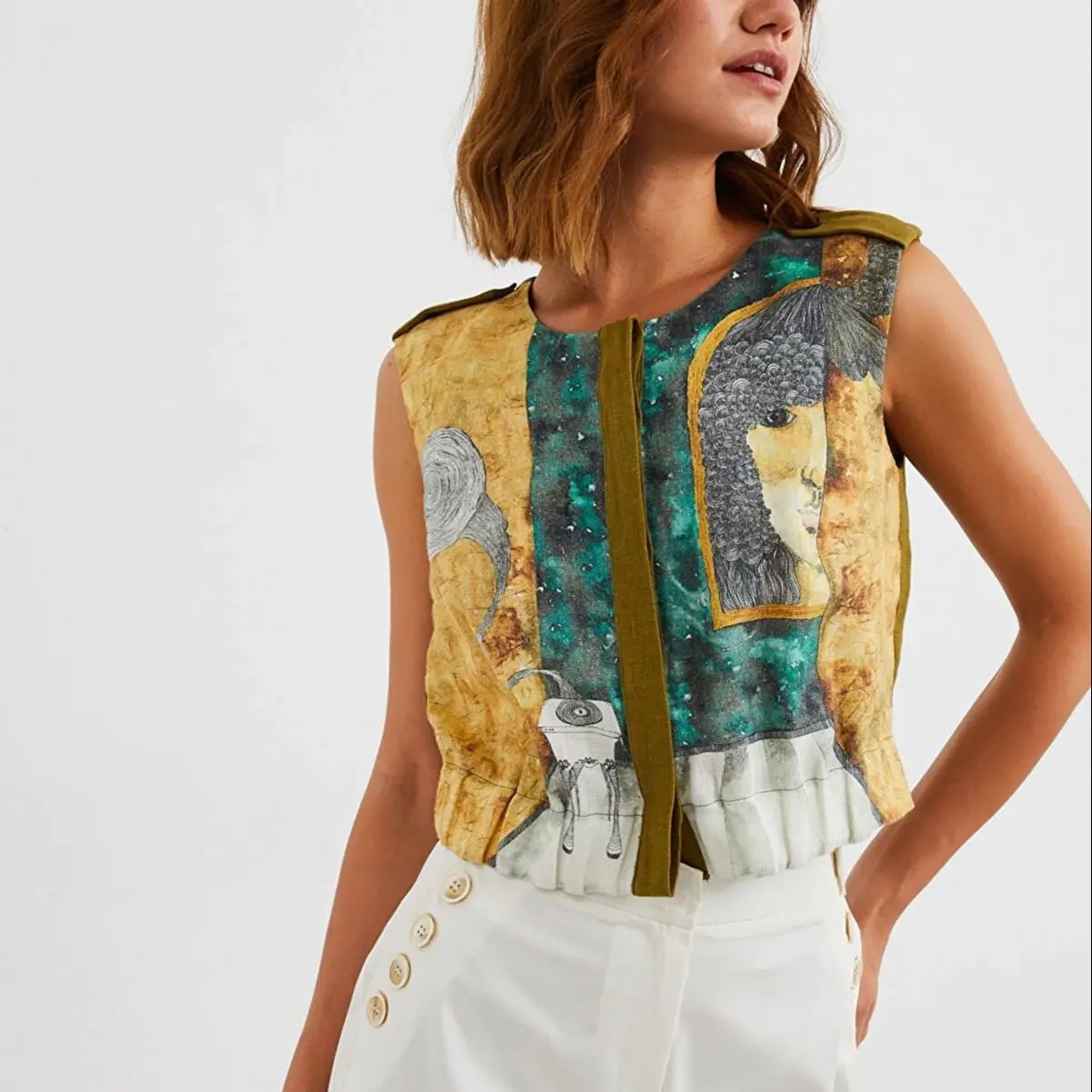 

2022 New Summer Elegant Women Sleeveless %100 Linen Printed Khaki Blouse Shirt Cute Special Design Casual Sundress Fashion Tops