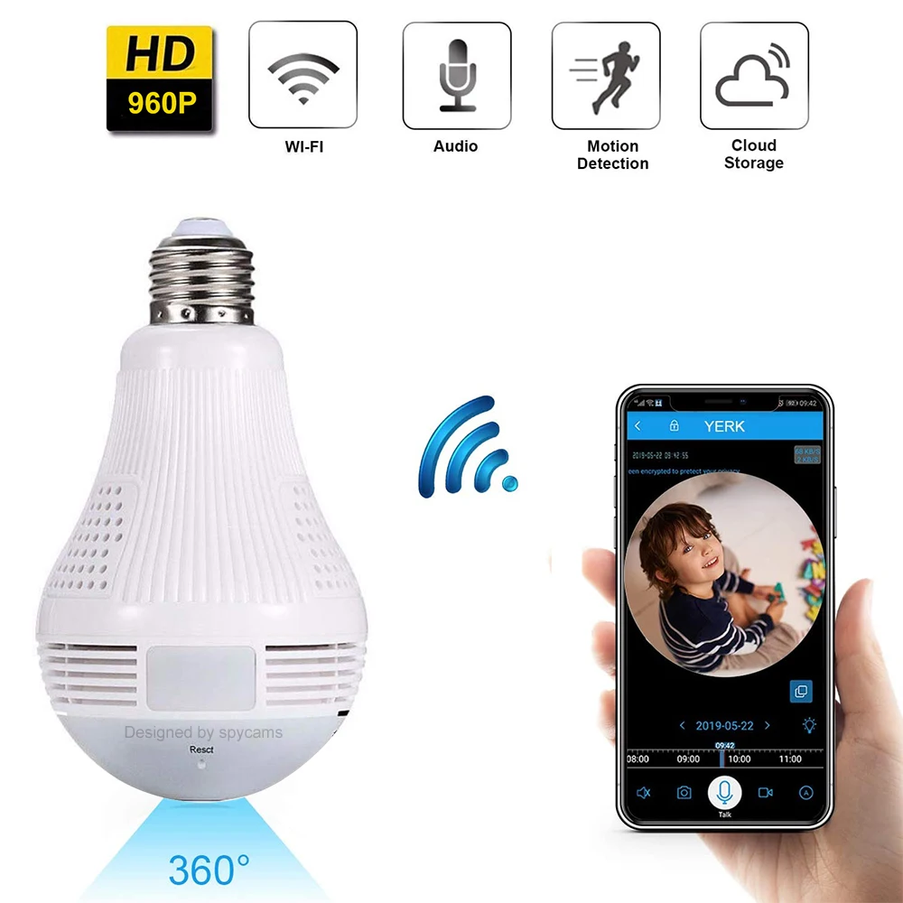 Панорамная мини-камера с лампочками HD 960P 360 градусов рыбий глаз Wi-Fi беспроводная