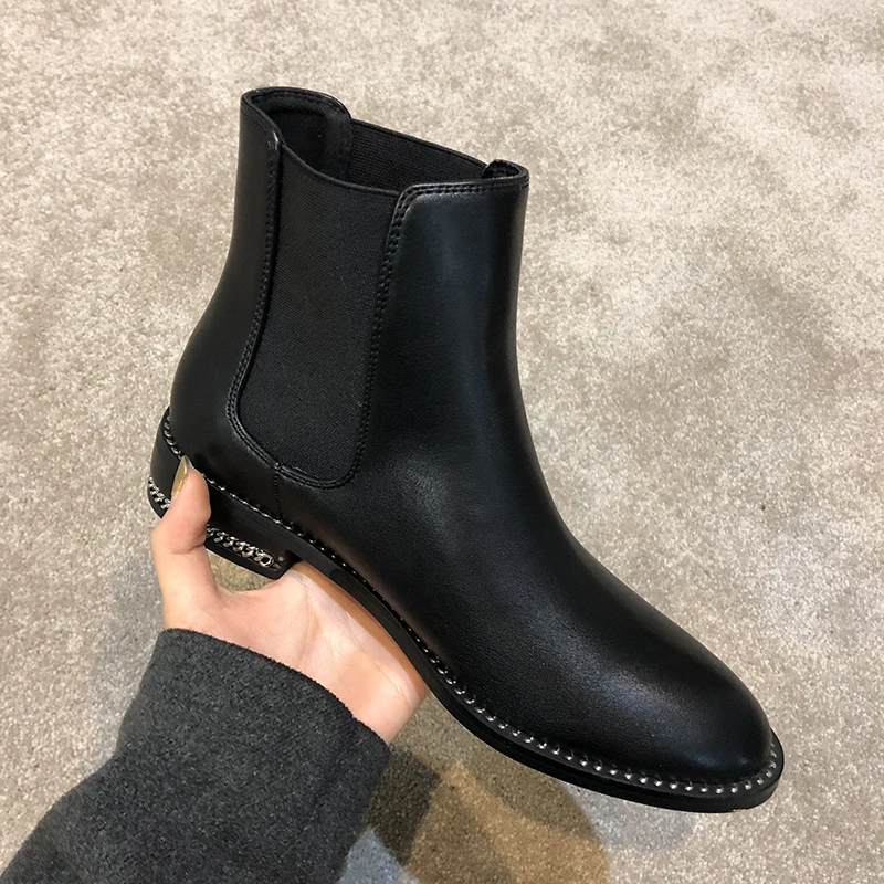 Черные кожаные ботинки челси женские дизайнерские с цепочками зимняя обувь 2019